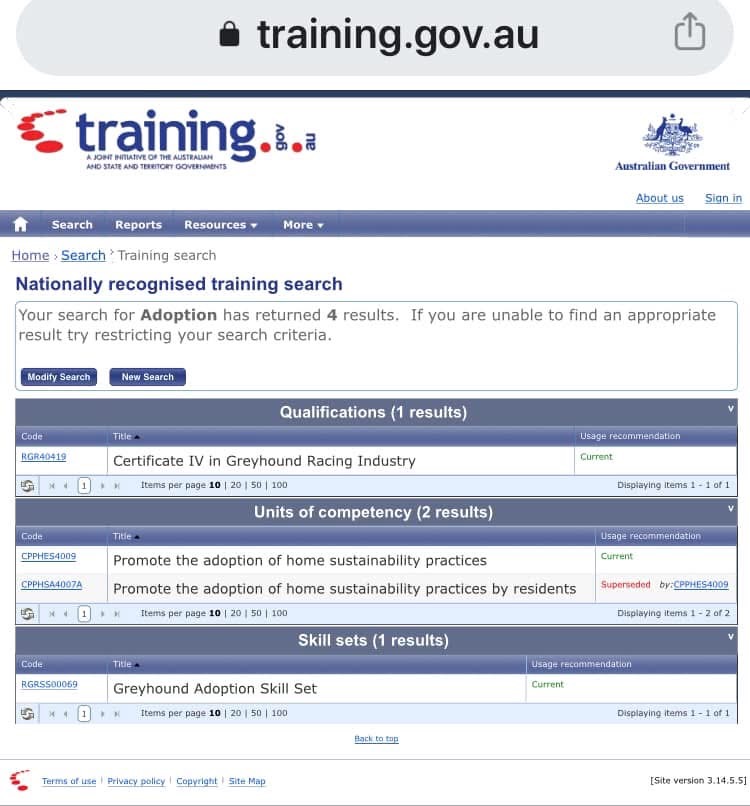 training.gov.au search results for the word Adoption: one qualification (Certificate IV in Greyhound Racing Industry), two units of competency about promoting the adoption of home sustainability practices, and one Greyhound Adoption Skill Set